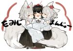  3girls absurdres artist_name black_hair black_skirt clone closed_eyes highres inubashiri_momiji multiple_girls niseneko_(mofumofu_ga_ienai) pom_pom_(clothes) red_headwear sandwiched shameimaru_aya shirt skirt tengu touhou white_background white_hair white_shirt white_sleeves white_tail 