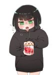  1girl allmind_(armored_core_6) armored_core armored_core_6 black_hair black_hoodie blush cowboy_shot drawstring green_eyes green_hair heavy_breathing highres holding hood hood_down hoodie i.u.y long_sleeves looking_at_viewer multicolored_hair open_mouth puffy_long_sleeves puffy_sleeves simple_background sleeves_past_wrists solo standing streaked_hair translation_request white_background 