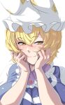  1girl blonde_hair blush breasts bunsuirei closed_mouth commentary_request hands_on_own_face hat highres large_breasts looking_at_viewer mob_cap short_hair simple_background solo touhou upper_body white_background white_headwear yakumo_ran yellow_eyes 