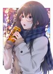  1girl black_hair blue_eyes blue_scarf can christmas_lights coat glasses highres holding holding_can light_(lightpicture33) long_hair long_sleeves looking_up open_mouth round_eyewear scarf solo tree upper_body white_coat winter_clothes yahari_ore_no_seishun_lovecome_wa_machigatteiru. yukinoshita_yukino 