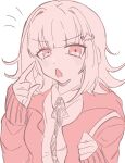  1girl :o blush collared_shirt danganronpa_(series) danganronpa_2:_goodbye_despair dress_shirt hand_up hands_up highres hood hood_down hooded_jacket index_finger_raised jacket kappu_(wa_ppu) medium_hair monochrome nanami_chiaki neck_ribbon open_mouth pink_eyes ribbon shirt simple_background sleeves_past_wrists solo spaceship_hair_ornament white_background 