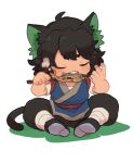  1boy black_hair blush cat_boy cat_tail chinese_clothes closed_eyes eating eichi_(wild_chicken) fish leg_wrap luo_xiaohei luo_xiaohei_zhanji male_focus open_mouth sash shoes sitting solo steam tail teeth white_background 