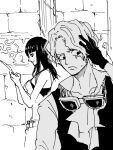  1boy 1girl ascot bad_id bad_twitter_id belt blunt_bangs gloves goggles goggles_around_neck greyscale highres looking_down looking_to_the_side medium_hair monochrome namagomi_(op_laaaaw_tan) nico_robin one_piece profile sabo_(one_piece) scar scar_on_face shirt short_hair upper_body waistcoat wall 