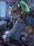  2girls absurdres animal_ear_headphones animal_ears black_thighhighs blonde_hair blue_archive blue_bow blue_necktie blush bow cat_tail closed_mouth controller fake_animal_ears game_controller green_eyes green_halo hair_bow halo handheld_game_console headphones highres indoors kunku_(youn4431) long_sleeves looking_at_viewer midori_(blue_archive) momoi_(blue_archive) multiple_girls necktie shirt short_hair siblings sisters tail thigh-highs twins white_shirt 