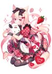  1girl animal_ears artist_name black_bow black_gloves bow expressionless fishnet_thighhighs fishnets food fruit gloves hair_bow heart highres homaderi original pink_hair solo sparkle strawberry stuffed_animal stuffed_toy tail thigh-highs violet_eyes white_background 