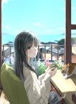  1girl animal black_hair blanket cat cup flower highres holding holding_cup horizon knit_sweater kotatsu long_hair ocean original parted_lips sitting solo soragane_(banisinngurei) sweater tabby_cat table violet_eyes white_sweater 