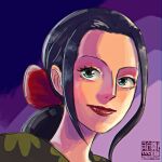  1girl absurdres aliasartworks black_hair blue_eyes close-up coat english_commentary eyelashes floral_print hairband highres long_hair looking_to_the_side looking_up low_ponytail nico_robin one_piece ponytail purple_background red_hairband red_lips sidelocks simple_background smile solo 