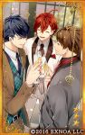  3boys :d ^_^ alcohol aqua_vest ascot belt belt_buckle black_belt black_necktie blue_hair blurry blurry_background braid braided_bangs brown_hair brown_necktie brown_pants brown_suit buckle bungou_to_alchemist card_(medium) champagne champagne_flute checkered_floor closed_eyes collared_shirt copyright_notice cowboy_shot crossed_bangs cup dan_kazuo_(bungou_to_alchemist) dazai_osamu_(bungou_to_alchemist) drinking_glass eye_contact formal green_eyes grey_jacket grey_suit grey_vest hair_between_eyes hair_ornament hairclip holding holding_cup indoors jacket lapels long_sleeves looking_at_another lowres male_focus multiple_boys necktie notched_lapels official_art open_clothes open_jacket pants parted_lips plaid plaid_vest pocket_square profile red_ascot redhead satou_haruo_(bungou_to_alchemist) shawl_lapels shirt short_hair smile standing striped striped_vest suit suit_jacket tareme tree vest wand3754 white_jacket white_pants white_suit window yellow_eyes 