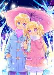  1boy 1girl bare_tree blonde_hair blue_background blue_coat blue_eyes blush brother_and_sister closed_mouth coat commentary_request cowboy_shot fur-trimmed_coat fur_trim hand_up holding holding_umbrella idol_time_pripara long_hair long_sleeves looking_at_another looking_at_viewer outdoors pink_coat pink_scarf pink_umbrella pretty_series pripara ringlets scarf shared_umbrella short_hair siblings snowflakes snowing standing touyama_soboro tree two_side_up umbrella violet_eyes winter winter_clothes winter_coat yumekawa_shogo yumekawa_yui 