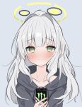  1girl @_@ black_hoodie blue_archive blush can closed_mouth collarbone green_eyes grey_background grey_hair halo hare_(blue_archive) highres holding holding_can hood hood_down hoodie long_hair long_sleeves looking_at_viewer nono54558 ponytail simple_background solo upper_body 