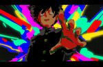  1boy black_jacket blank_eyes buttons collared_jacket explosion floating_hair foreshortening gakuran highres jacket kageyama_shigeo mob_psycho_100 multicolored_background no_pupils open_mouth outstretched_hand reaching reaching_towards_viewer school_uniform senzo6700 sketch solo spiky_hair telekinesis 