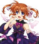  1girl artist_name bare_shoulders blue_eyes blush breasts brown_hair dated looking_at_viewer lyrical_nanoha mahou_shoujo_lyrical_nanoha mahou_shoujo_lyrical_nanoha_a&#039;s open_mouth san-pon short_hair signature simple_background small_breasts smile solo takamachi_nanoha twintails upper_body white_background 