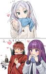  2girls 3boys ^^^ absurdres blood blowing_kiss blue_scarf coat commentary_request earrings elf fern_(sousou_no_frieren) frieren green_eyes halo heart heiter highres himmel_(sousou_no_frieren) jacket jewelry long_hair meme multiple_boys multiple_girls pointy_ears purple_hair red_eyes red_jacket redhead scarf short_hair sousou_no_frieren stark_(sousou_no_frieren) twintails violet_eyes white_coat white_hair yamcha_pose_(meme) yayoi_maka yellow_halo 