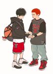  2boys bag basketball_jersey basketball_uniform black_eyes black_hair black_hoodie black_shirt black_tank_top black_wristband buzz_cut denim duffel_bag eye_contact full_body grey_background hand_on_another&#039;s_arm hood hoodie jeans keychain layered_clothes looking_at_another male_focus multiple_boys open_mouth pants red_footwear red_shorts redhead rukawa_kaede sakuragi_hanamichi sappali2 shirt shoes short_hair shorts simple_background slam_dunk_(series) sneakers sportswear tank_top very_short_hair white_footwear 