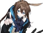  1girl amiya_(arknights) animal_ears arknights ascot black_jacket blue_ascot blue_eyes blue_jacket blurry blurry_foreground blush brown_hair commentary infection_monitor_(arknights) jacket jewelry long_hair looking_at_viewer multiple_rings ok_o_o outstretched_hand pointing pointing_at_viewer rabbit_ears rabbit_girl reaching reaching_towards_viewer ring shirt simple_background sleeveless sleeveless_shirt smile solo upper_body white_background white_shirt 