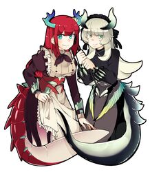  2girls absurdres apron black_dress breasts chamber_dragonmaid dragon_girl dragon_horns dragon_tail dress duel_monster green_eyes highres horns kitchen_dragonmaid large_breasts long_hair long_sleeves looking_at_viewer maid maid_apron maid_headdress migihiza_(youtsuu_transmitter) multiple_girls puffy_sleeves redhead smile tail white_background white_hair yu-gi-oh! 