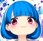  1girl blue_hair blush chibi earrings erkaz hairband highres jewelry looking_at_viewer no_nose original outline portrait red_eyes rina_atherina shadow short_hair smile solo white_hairband white_outline 