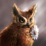  animal animal_focus bird blurry blurry_background closed_mouth commentary_request depth_of_field english_commentary flower flower_in_mouth griffin holding holding_flower light_rays mouth_hold original owl portrait solo sunbeam sunlight wfoolxf white_flower yellow_eyes 