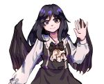  1girl ascot bat_wings black_bow black_bowtie black_eyes black_hair black_skirt black_vest black_wings borrowed_character bow bowtie closed_mouth collared_shirt commentary_request eyelashes frilled_shirt_collar frills hair_over_shoulder hand_up korean_commentary long_hair long_sleeves looking_at_viewer original shirt simple_background skirt skirt_set smile solo traditional_bowtie upper_body vest waiwa_way white_ascot white_background white_shirt wings 