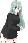  1girl alternate_costume berukuto_(berukuto_47) black_thighhighs commentary_request dress gradient_background grey_hair hood hooded_dress hooded_sweater kantai_collection leaning_forward smile solo suzuya_(kancolle) sweater sweater_dress thigh-highs 