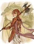  1girl abinosu0903 armor border commentary_request dragon dragon_wings faulds fire_emblem fire_emblem:_shadow_dragon gauntlets green_hairband hairband halberd highres holding holding_polearm holding_weapon looking_back minerva_(fire_emblem) polearm red_armor red_eyes redhead short_hair teeth weapon white_border wings 