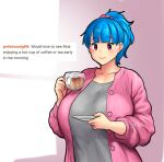  1girl blue_hair blush cardigan cup english_text erkaz highres holding holding_cup holding_plate original pink_cardigan plate ponytail red_eyes rina_atherina smile solo tea upper_body 