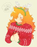 1girl blonde_hair blush christmas_sweater commentary cropped_torso fake_antlers firemauer glasses hairband hetero highres long_hair long_sleeves nerd_(nerd_and_jock) nerd_and_jock red_eyes red_sweater simple_background sweater symbol-only_commentary thought_bubble tiger_(nerd_and_jock)