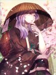  1other ajirogasa androgynous brown_kimono cherry_blossoms falling_petals hand_on_own_elbow hat highres holding_own_hair japanese_clothes kimono len&#039;en long_hair long_sleeves looking_at_viewer ofuda ofuda_on_clothes other_focus outdoors petals plant potted_plant purple_hair sash shirami_souko signature solo strap tree upper_body vase veil violet_eyes white_sash wide_sleeves yukkyon_kyon 
