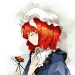  1girl blue_jacket character_request closed_eyes closed_mouth collared_shirt commentary_request copyright_request flower frills hands_on_own_chest hat jacket kaigen_1025 mob_cap red_flower redhead shirt short_hair smile solo white_background white_flower white_headwear white_shirt 