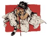  1boy black_hair bracelet cape closed_eyes commentary crossed_legs earrings from_above headband holding jewelry jojo_no_kimyou_na_bouken kotteri male_focus muscular muscular_male n&#039;doul red_background red_headband red_lips shoes simple_background sitting solo 
