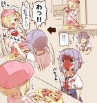 +++ 2girls :d apron arrow_(symbol) baseball_cap blonde_hair blue_skirt blush bottle brown_eyes closed_eyes closed_mouth collared_shirt comedy commentary_request covering_mouth fang food food_on_clothes food_on_face grey_hair hair_flaps hair_intakes hair_ornament hair_over_one_eye hairclip hat holding holding_bottle idolmaster idolmaster_cinderella_girls koshimizu_sachiko multiple_girls pink_apron pink_headwear puffy_short_sleeves puffy_sleeves shirasaka_koume shirt short_sleeves skirt smile squirting_liquid striped striped_shirt surprised translation_request waist_apron white_shirt yukie_(kusaka_shi)