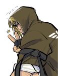  blonde_hair coat crown emoji highres hood hood_up jitome ken_masters looking_at_viewer looking_back medium_hair mismatched_eyebrows muscular muscular_male sparse_stubble street_fighter street_fighter_6 szknkrsti thick_eyebrows upper_body v 