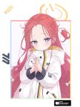  1girl absurdres blue_archive blue_eyes blush bow braid closed_mouth commentary forehead hair_bow halo highres interlocked_fingers jacket long_hair long_sleeves looking_at_viewer orange_halo redhead revision rokukarashi solo upper_body white_bow white_jacket yuzu_(blue_archive) 