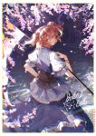  1girl absurdres blue_dress cherry_blossoms closed_mouth dress highres holding holding_scythe huangyou looking_back onozuka_komachi outdoors red_eyes redhead scythe short_hair short_sleeves signature smile solo touhou two_side_up 