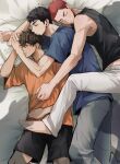  3boys beaker_pour bed black_eyes black_hair black_shorts black_tank_top blue_shirt brown_eyes brown_hair buzz_cut closed_eyes cuddling earrings grey_pants highres hug hug_from_behind jewelry leg_lock lying male_focus mitsui_hisashi miyagi_ryouta multiple_boys on_bed on_side orange_shirt pants pillow redhead sakuragi_hanamichi shirt short_hair shorts slam_dunk_(series) sleeping spooning stud_earrings tank_top undercut very_short_hair wavy_hair 