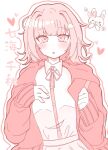  1girl :o blush collared_shirt danganronpa_(series) danganronpa_2:_goodbye_despair dress_shirt flipped_hair heart highres hood hooded_jacket jacket kappu_(wa_ppu) long_sleeves medium_hair nanami_chiaki neck_ribbon open_clothes open_jacket ribbon shirt shirt_tucked_in sleeves_past_wrists solo_focus translation_request triangle_hair_ornament usami_(danganronpa) 