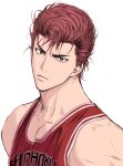  1boy basketball_jersey basketball_uniform bishounen black_eyes buzz_cut closed_eyes glaring highres llll_100 looking_at_another male_focus pectoral_cleavage pectorals pompadour red-eye_effect red_tank_top redhead sakuragi_hanamichi short_hair simple_background slam_dunk_(series) solo sportswear tank_top upper_body very_short_hair white_background 
