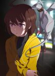  1girl absurdres ahoge animal_collar brown_hair collar creature dragon familiar highres hood hoodie huge_ahoge kuu_(under_night_in-birth) linne short_hair touniyuu under_night_in-birth upper_body violet_eyes yellow_hoodie 