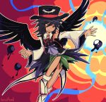  1other androgynous azrielfiend black_hair black_headwear black_nails black_wings closed_mouth collared_shirt commentary detached_sleeves english_commentary enraku_tsubakura eyes_visible_through_hair feathered_wings green_skirt hat hat_ribbon highres len&#039;en long_sleeves medium_hair neck_ribbon no_sclera other_focus red_ribbon ribbon sandals shirt skirt sleeveless sleeveless_shirt socks solo violet_eyes white_shirt white_sleeves white_socks wings 