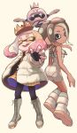  2girls bodysuit boots coat cross-laced_footwear crown highres knee_boots kotarou_(kotakota_ee) multiple_girls octoling octoling_girl pantyhose pearl_(splatoon) pearl_drone_(splatoon) robot simple_background sleeveless sleeveless_bodysuit splatoon_(series) splatoon_3 splatoon_3:_side_order suction_cups sunglasses white_background white_bodysuit white_romper 