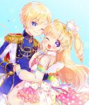  1boy 1girl ;d aiguillette blonde_hair blue_eyes blue_jacket blush bow brother_and_sister commentary_request dress epaulettes fake_wings gold_trim hand_on_own_cheek hand_on_own_face hand_up heart holding_hands idol_time_pripara jacket long_hair long_sleeves looking_at_viewer one_eye_closed open_mouth pretty_series pripara ringlets short_hair siblings smile standing star_(symbol) star_print touyama_soboro two_side_up violet_eyes white_bow white_dress white_wings wings yumekawa_shogo yumekawa_yui 
