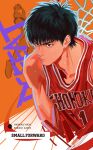  1boy abstract_background basketball_jersey basketball_uniform black_eyes black_hair closed_mouth cropped_torso english_text highres male_focus red_tank_top rukawa_kaede short_hair slam_dunk_(series) solo sportswear sweat tank_top toned toned_male zxs1103 