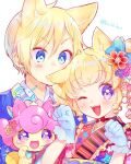  1boy 1girl ;d animal_ears blonde_hair blue_eyes blue_gloves blue_kimono blush brother_and_sister cat_ears commentary_request flower gloves hair_flower hair_ornament hands_up idol_time_pripara japanese_clothes kimono looking_at_another looking_at_viewer one_eye_closed open_mouth paw_pose pretty_series pripara puff_of_air punicorn red_kimono ringlets short_hair siblings smile touyama_soboro twitter_username two_side_up upper_body violet_eyes yumekawa_shogo yumekawa_yui 