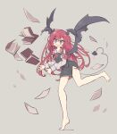  1girl :o @_@ absurdres ahoge barefoot bat_wings black_skirt black_vest black_wings blush_stickers book collared_shirt demon_tail dress_shirt dropping flying_sweatdrops full_body grey_background hair_between_eyes head_wings highres koakuma messy_hair necktie open_book open_mouth paper primsla red_eyes red_necktie redhead shirt side_slit sidelocks simple_background skirt skirt_set solo standing standing_on_one_leg tail tears tiptoes touhou vest wavy_mouth white_shirt wing_collar wings 