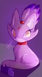  1girl animal animal_ears animalization blaze_the_cat cat cat_ears cat_tail collar eyelashes forehead_jewel looking_to_the_side ponytail purple_background purple_fur red_collar simple_background sitting sonic_(series) sonicaimblu19 tail two-tone_fur yellow_eyes 