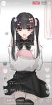  1girl :d bare_shoulders bear_hair_ornament black_hair black_shirt black_skirt black_thighhighs bow brown_eyes cross-shaped_pupils feet_out_of_frame hair_bow hair_ornament hairclip heart highres hugging_object jirai_kei kanju livestream long_hair long_sleeves off-shoulder_shirt off_shoulder original pink_bow pleated_skirt puffy_long_sleeves puffy_sleeves shirt sitting skirt sleeveless sleeveless_shirt sleeves_past_wrists smile solo stuffed_toy symbol-shaped_pupils thigh-highs translation_request two_side_up white_shirt x_hair_ornament 