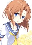  1girl :d blue_eyes blue_sailor_collar blush bob_cut commentary_request eyelashes eyes_visible_through_hair flower hair_between_eyes highres higurashi_no_naku_koro_ni looking_at_viewer making-of_available neckerchief open_mouth orange_hair partial_commentary ryuuguu_rena sailor_collar school_uniform serafuku shirt short_hair short_sleeves simple_background smile solo suzuragi_karin upper_body upturned_eyes white_background white_shirt yellow_flower yellow_neckerchief 