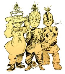  3boys bad_id bad_tumblr_id buttons echoes_(stand) gakuran gloves greyscale hat heaven's_door hirose_koichi jojo_no_kimyou_na_bouken kotteri monochrome multiple_boys neck_ribbon ribbon robot school_uniform shoes simple_background 