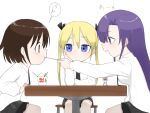  3girls blonde_hair blue_eyes blush brown_hair feeding fusuma_(suwaru_boom) goshiki_agiri hair_ribbon highres kill_me_baby long_hair long_sleeves multiple_girls necktie open_mouth oribe_yasuna purple_hair ribbon school_uniform shirt short_hair skirt sonya_(kill_me_baby) twintails violet_eyes 