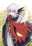  1girl black_cloak blue_eyes bright_pupils cape cloak cross_(crossryou) crossed_bangs fate/grand_order fate_(series) feather_hair_ornament feathers hair_between_eyes hair_ornament highres long_hair looking_at_viewer red_cape red_cloak saika_magoichi_(fate) sidelocks solo white_hair white_pupils 